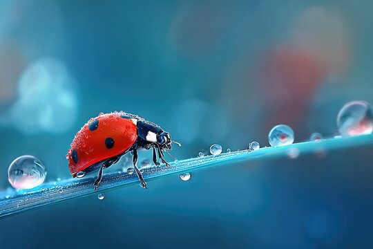 Ladybug perched on a blade of grass with water droplets in a macro shot