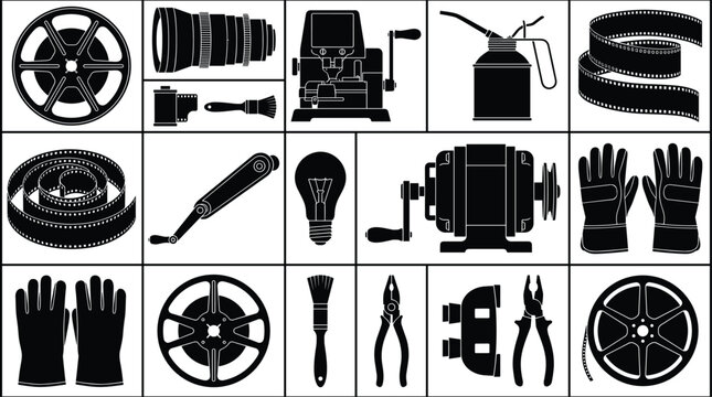 A detailed set of black silhouette icons representing vintage filmmaking equipment and mechanical tools is organized in a grid against a stark white background.