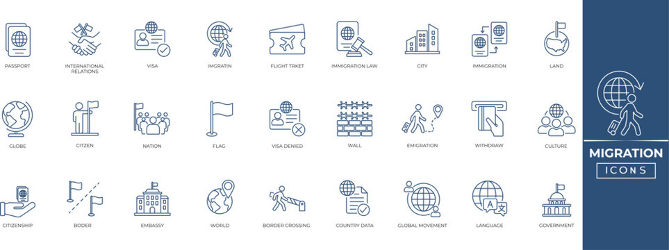 Migration line icon set. Visa, nation, border, migrant, country, passport, and more. Perfect vector icon collection.