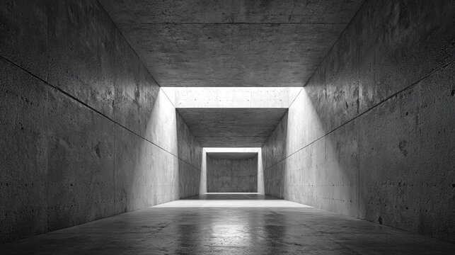 skylight. A minimalist concrete interior with dramatic skylight creating an industrial aesthetic. real-estate listings.