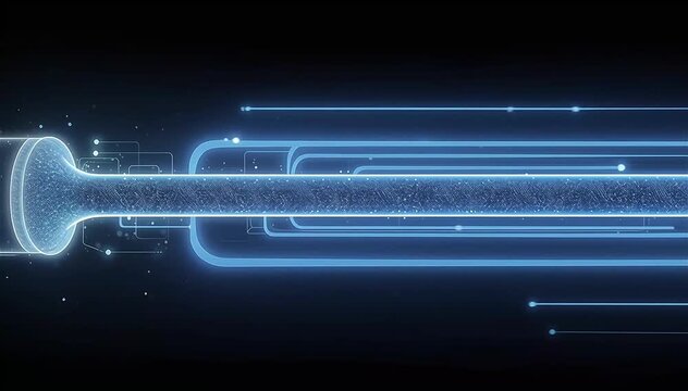 Continuous pipeline made of glowing channels where raw data particles enter and transform into refined structured outputs, color shifting from chaotic multicolor to clean blue streams