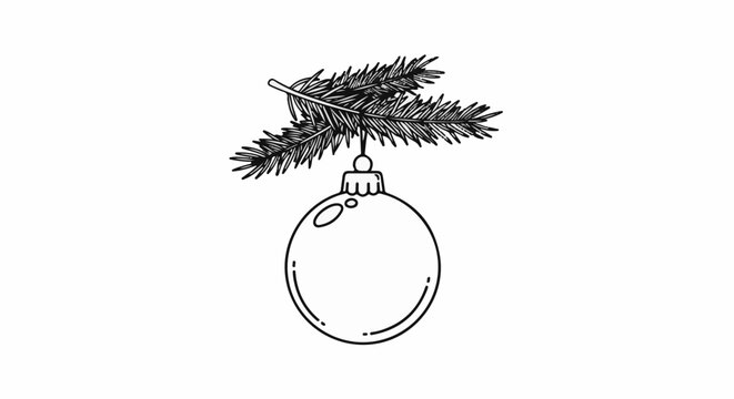 Hand-drawn sketch of a single holiday ornament hanging from a pine branch