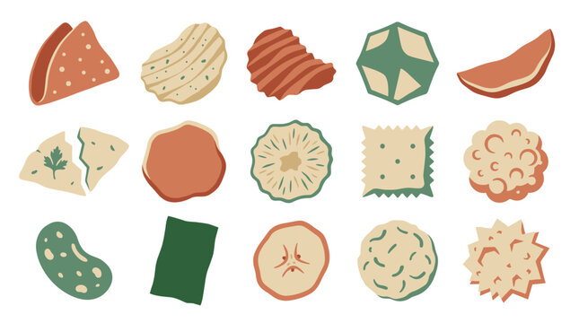 A delightful assortment of various illustrated snack chips, crackers, and crisps is displayed in a charming, textured style with a warm and earthy color palette.