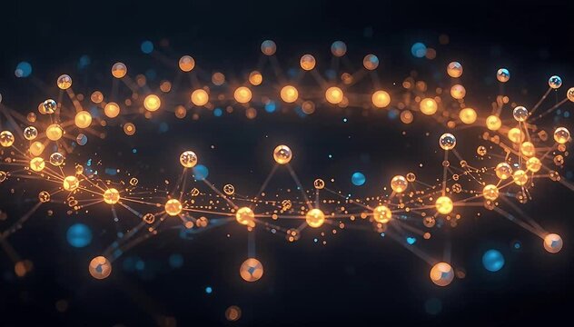Multiple glowing nodes exchanging streams of data in circular motion, representing digital transactions and economic flow, gold and blue color palette, smooth synchronized movement