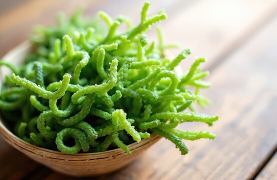 Fresh paku vegetables piled in wooden bowl on rustic table. Green curly vine shoots look like succulent plants. Healthy Asian food ingredient for salad or cooking.