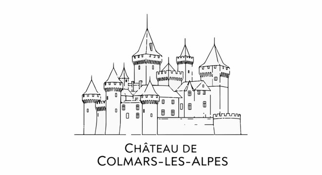Ornate castle illustration with multiple spires and a banner below