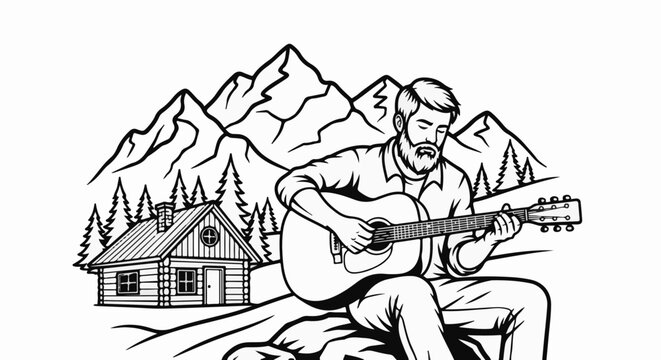 Man playing guitar outside a cabin in the mountains