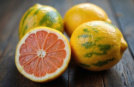 Pink lemons with green stripes rest on rustic wooden table. One lemon is cut showing juicy pink pulp and segments. Fresh citrus fruit is raw and ripe.
