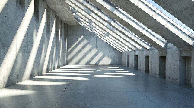 skylight. A minimalist concrete interior with dramatic skylight creating an industrial aesthetic. real-estate listings.