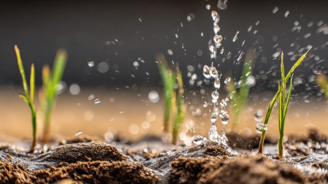 water droplets soil plants agriculture rain eco seed planting sustainability growth nature farming environment irrigation moisture splash organic cultivation concept with blurred background