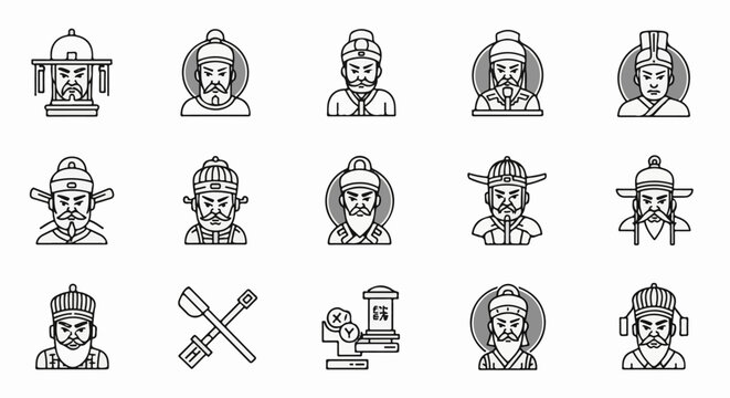Collection of stylized ancient Asian male figures and tools