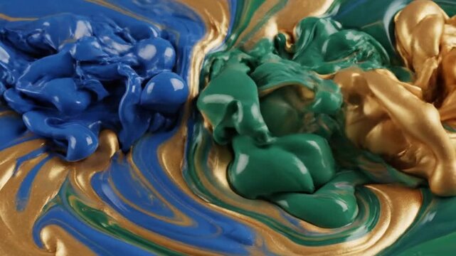 Metallic gold paint blending with deep blue and green colors, creating a rich, glossy, and luxurious fluid texture.