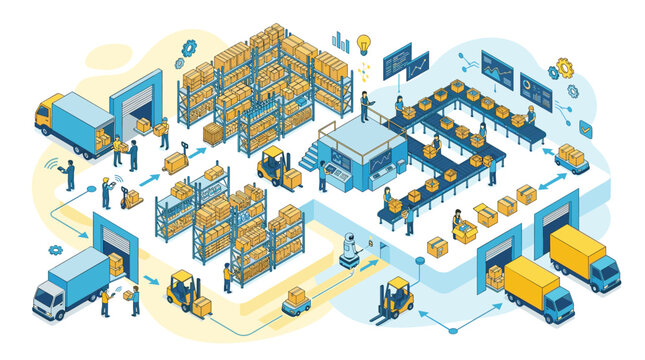 A complex isometric illustration of a modern smart warehouse shows automated logistics processes, including robotic arms, conveyor belts, and delivery trucks in a busy scene.