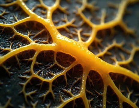 Yellow slime mold plasmodium grows. Organic cell network spreads, forming complex vein structure. Amoeba blob moves, seeking nutrients, forming interconnected pathways, exploring environment.