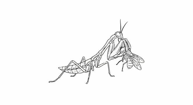 Detailed line drawing of a praying mantis capturing a bee