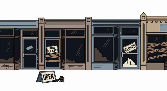 Abandoned storefronts with "Open", "For Lease", and "Closed" signs