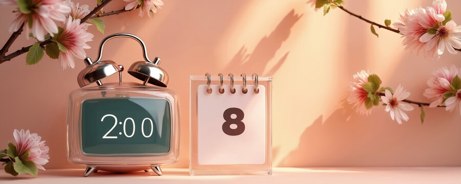 Alarm clock shows 2 00 AM next to calendar page 8. Spring blossoms adorn branches against pastel peach background, symbolizing Daylight Saving Time change.