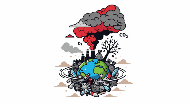 Earth choked by pollution, shrouded in smog, and surrounded by waste