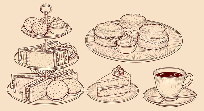 An outline sketch vector illustration of a tiered serving dish with cakes and pastries next to a plate of biscuits a slice of cake and a cup of tea