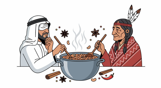 Diverse men participate in blind taste test, stirring spiced stew in large pot with aromatic ingredients. One man blindfolded, another observes flavor profile for shared culinary challenge.