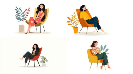 Woman sitting comfortably in various colorful chairs