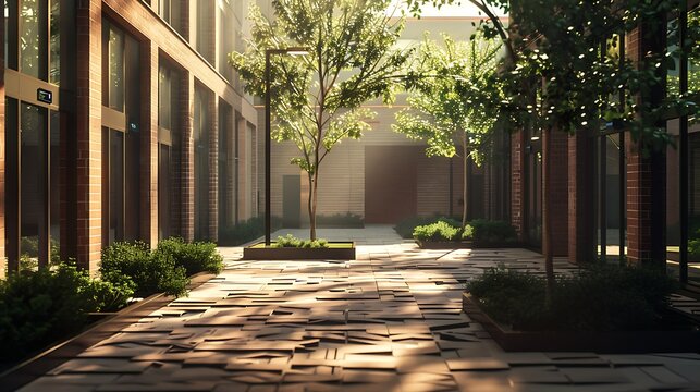 Modern urban courtyard with brick buildings and lush greenery