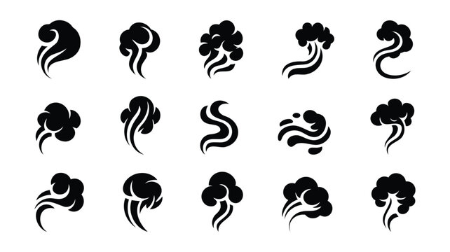 Smoke steam cloud vector icon set black puff swirl isolated on white background.