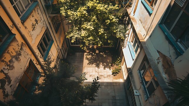 overhead view of narrow alleyway between old worn buildings with lush greenery