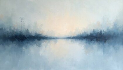 Fototapeta premium Muted blue abstract landscape painting depicts foggy forest reflected in calm water. Soft horizon line blends sky and nature, creating serene, dreamy atmosphere. Minimalist art for decor.