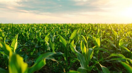 Naklejka premium cornfield agriculture green leaves crop sunset sunlight sky clouds growth nature farming rural field corn plants upward landscape wide angle environment lush vibrant scene