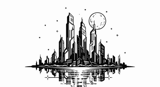 Futuristic city skyline under a full moon and starry night