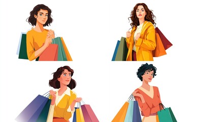 Woman holding colorful shopping bags in different poses