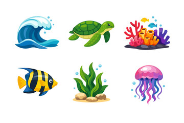 Obraz premium Sea Life Cartoon Icon Set with Fish Turtle Jellyfish Coral and Ocean Elements
