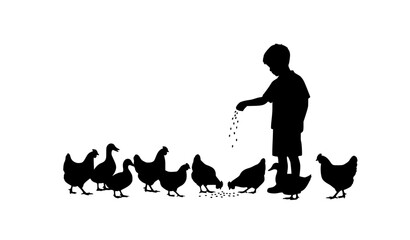 Silhouette of boy feeding chickens and ducks vector with farm animals and scattered seeds black and white design