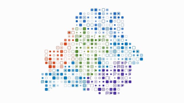 Belarus map animation. Shape of the country with pulsating colored dots. Large size rounded square blocks. Digital style Belarus map on white background. Artistic video.