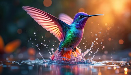 Fototapeta premium Iridescent hummingbird hovers above water surface creating splash with wings spread. Bright colorful bird drinks liquid in motion with water droplets flying around it during golden hour light.