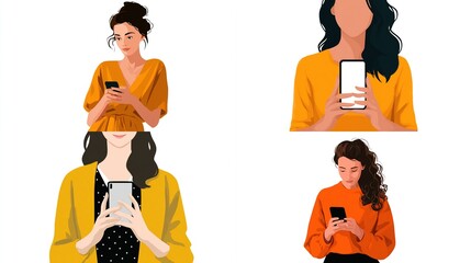 Woman holding phone with bot in vector illustration style