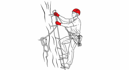 Obraz premium Climber ascends rock face using a ladder with safety gear