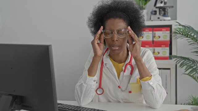 Woman doctor with stethoscope presses hands to face and removes glasses at a desk with computer monitor and microscope in clinic; exhaustion reflection.