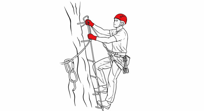 Climber ascends rock face using a ladder with safety gear