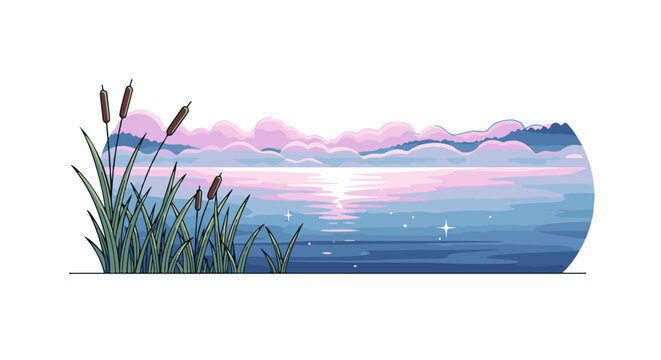 Pixelated lake scene with reeds and pastel clouds at sunset
