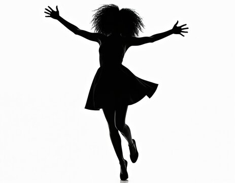 Black silhouette figure with arms outspread, wearing a flared dress, mid-jump. Energetic pose conveys freedom joy and celebration. Isolated on white.