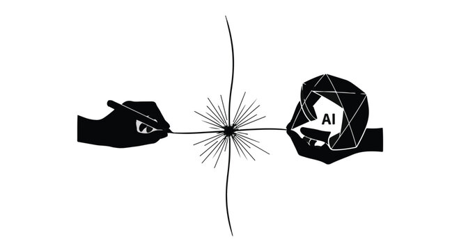 Robot and human hand connected by spark line, artificial intelligence concept