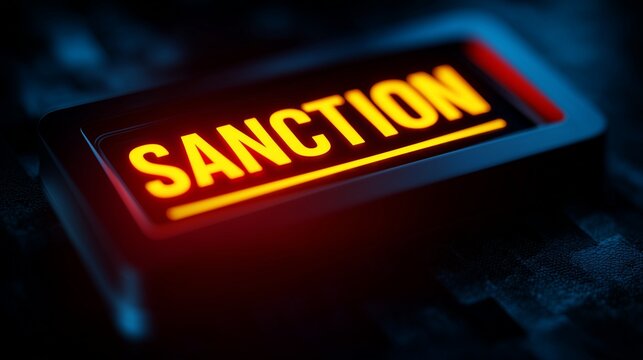 Glowing red sanction label on a dark electronic device, symbolizing regulatory block, compliance warning and financial restriction alert.