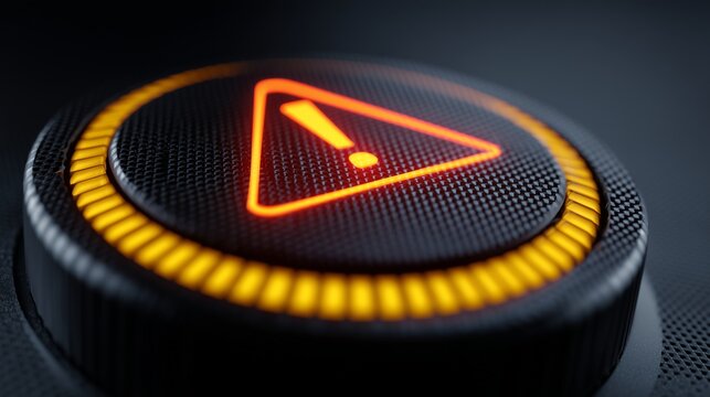 Black circular alert button with illuminated yellow warning triangle and led ring, symbolizing regulatory compliance alert and urgent governance notification.