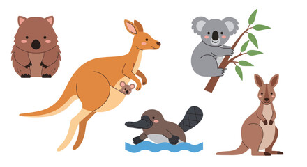 Fototapeta premium Cute Australian Animals Collection: Kangaroo, Koala, Wombat, Platypus, Wallaby