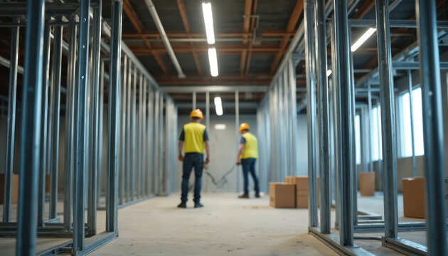 Metal framework inside building under construction. Two workers in yellow vests, hard hats operate in background. Cardboard boxes sit on concrete floor. New interior space unfinished. Future office.