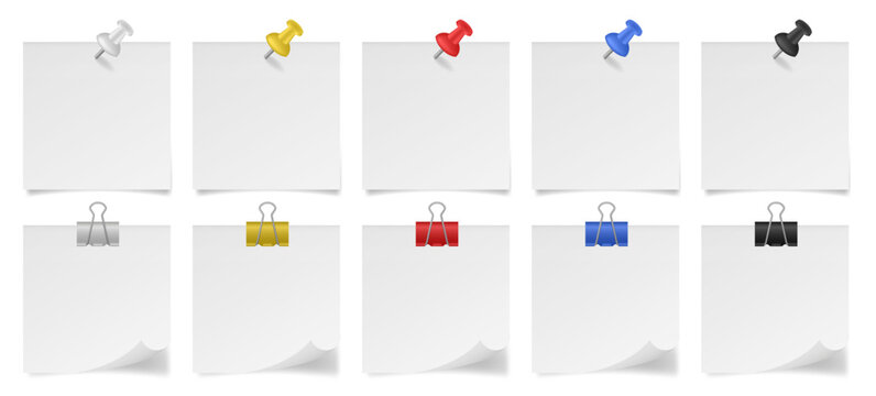 Set of white paper notes with binder clips and push pins. Small sheets of paper. White, yellow, red, blue, and black metal holders