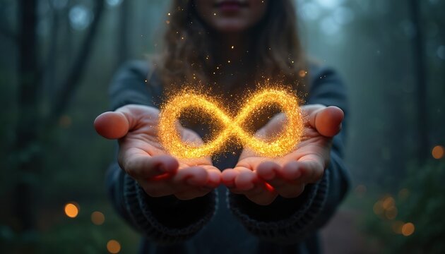 Person holds glowing infinity symbol made of particles and light waves. Symbol of eternity, creativity, and magic floats between open hands in dark forest. Lights sparkle in background.