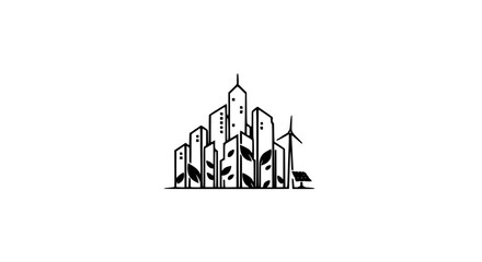 Naklejka premium Urban Nature Logo Vector Template with City Skyline and Leaves for Green Construction